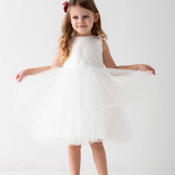 Biała sukienka z ozdobnymi koralikami dla dziewczynki Sisi