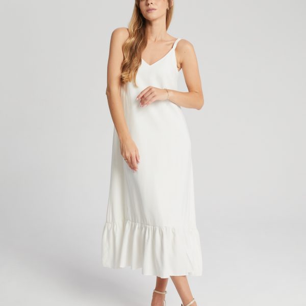 Zwiewna biała sukienka z falbaną Stella
