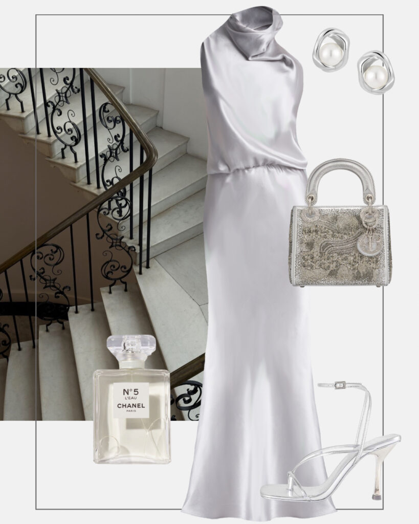sukienka na wesele srebrna sukienka maxi srebrne dodatki monochromatyczny look