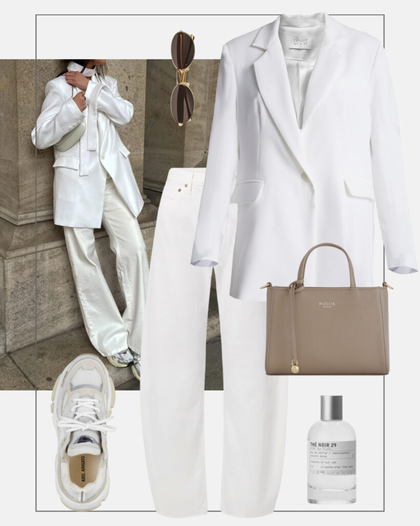 stylizacja na co dzien smart casual biale szerokie dzinsy biala marynarka oversize sneakersy