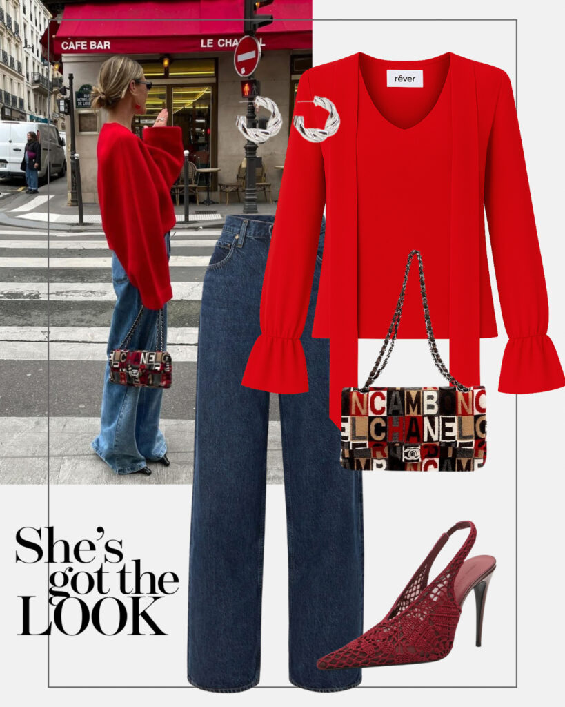 historia mody czerwien stylizacja czerwona bluzka jedwabna dzinsy casual outfit