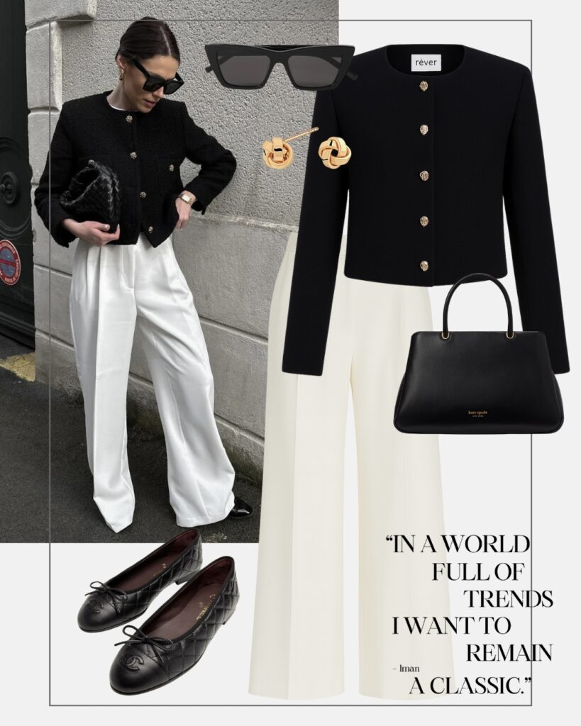 old money style spodnie garniturowe zakiet typu chanel baleriny