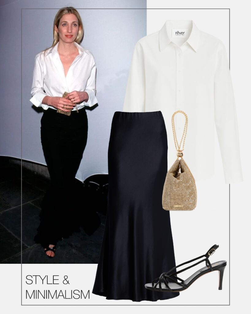 stylizacja w stylu lat carolyn bessette kennedy biala koszula czarna dluga spodnica