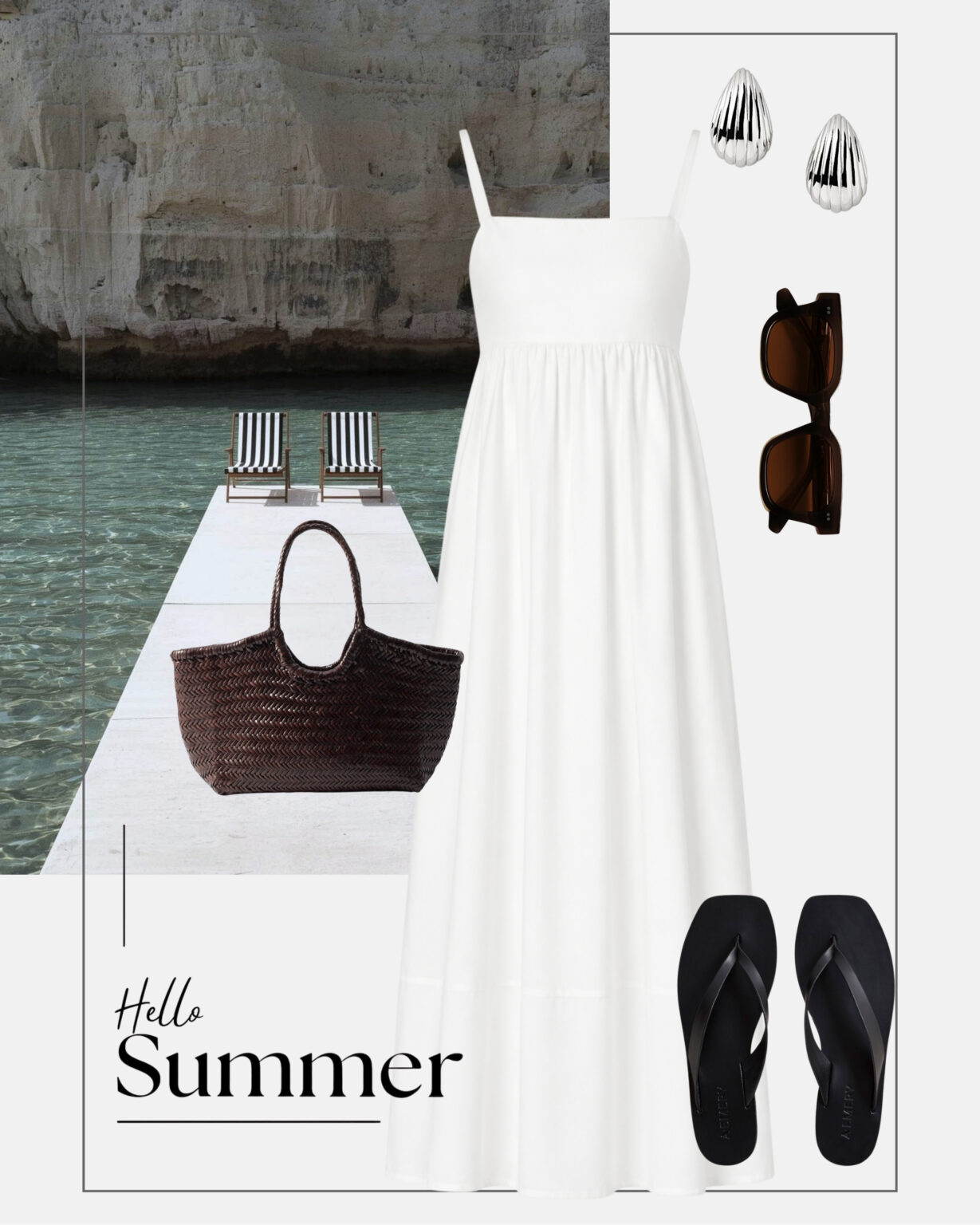 biala-dluga-sukienka-letnia-stylizacja-summer-dress-czarne-japonki-brazowy-koszyk-wakacyjna-garderoba
